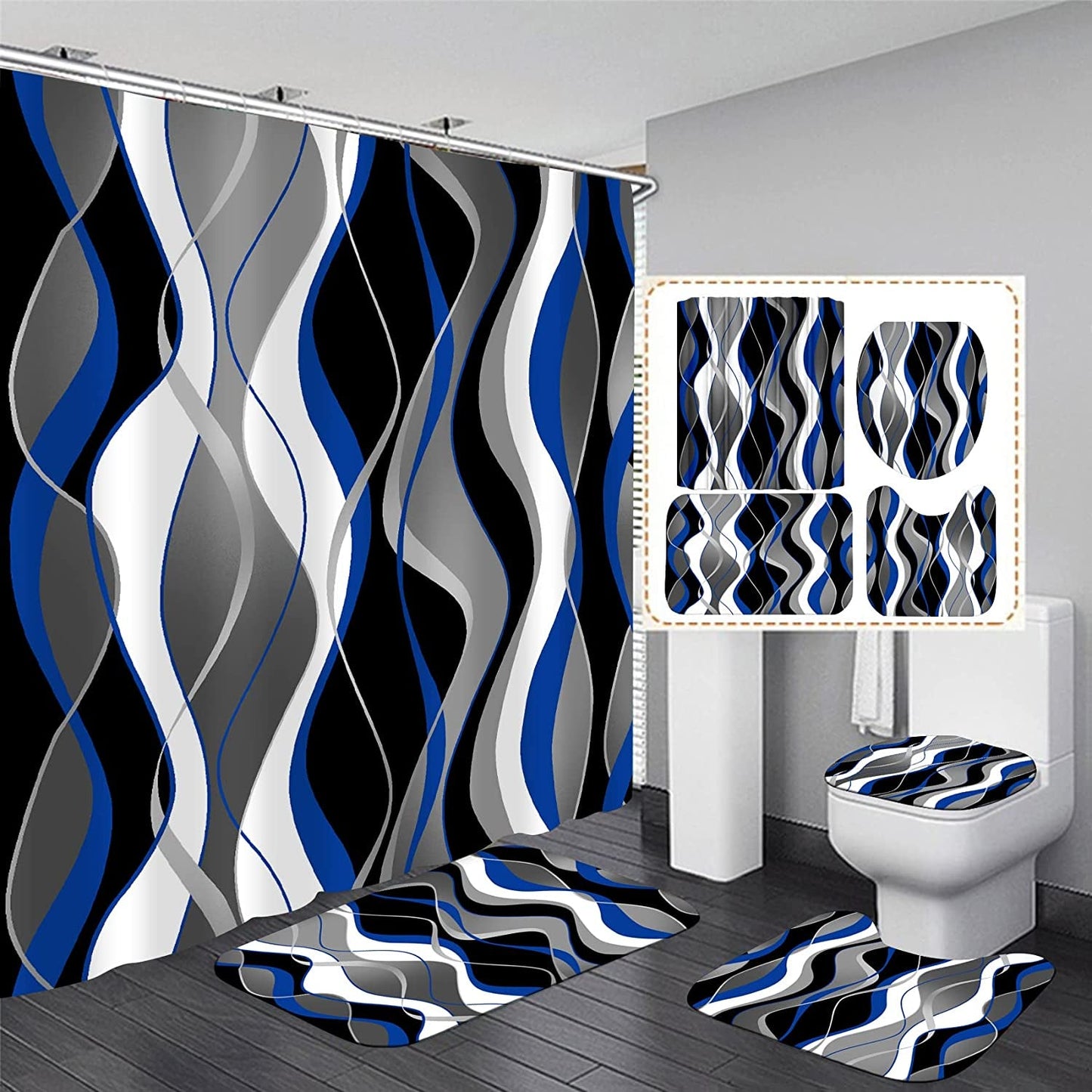 Nkzply 4 Pcs Blue and Black Striped Shower Curtain Set Grey and White Bathroom Sets Modern Home Bathroom Decor with Rugs and Toilet Lid Cover