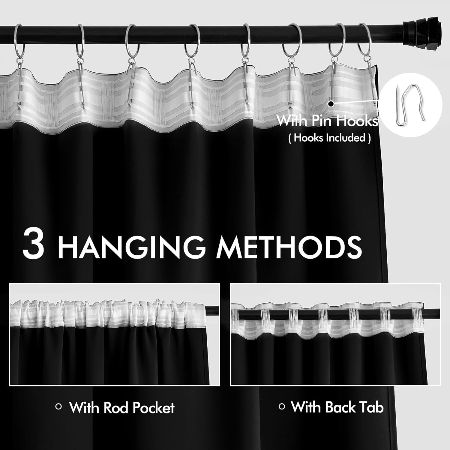 MIULEE 2 Panels Back Tab Blackout Curtains 96 Inch Long for Living Room Bedroom, Black Rod Pocket/Pinch Pleated Thermal Insulated Room Darkening Light Blocking Floor to Ceiling Curtains/Drapes  MIULEE   