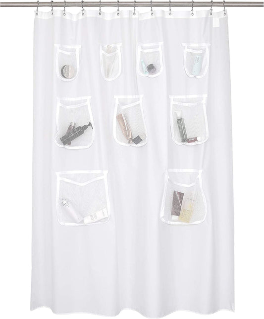 N&Y HOME Water Repellent Fabric Shower Curtain or Liner with 9 Mesh Pockets - White, 71X72 Inches