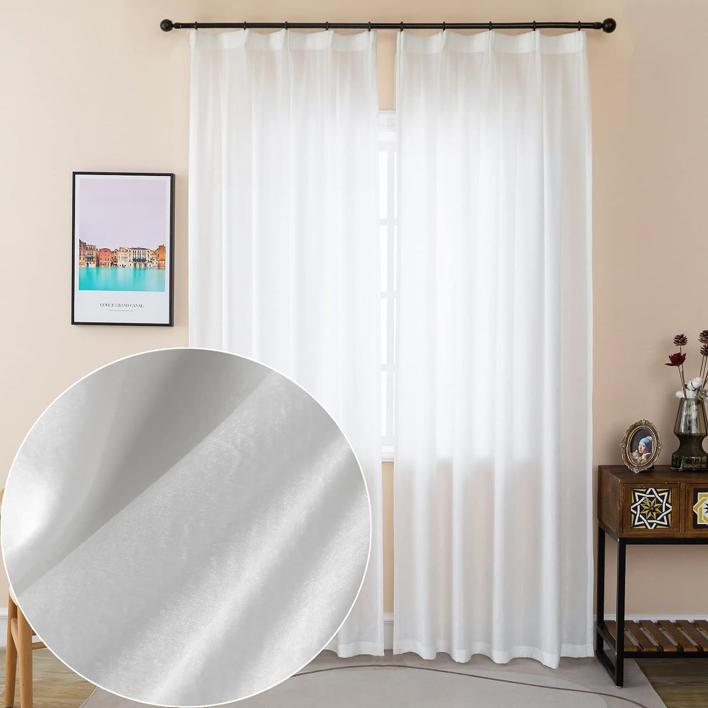 Ftinala White Curtains 84 Inches Long Light Filtering Curtains 2 Panels Pinch Pleat Curtains & Drapes Thin Velvet Textured Curtains Shiny Living Room Divider Curtains Privacy Window Curtains  Ftinala   