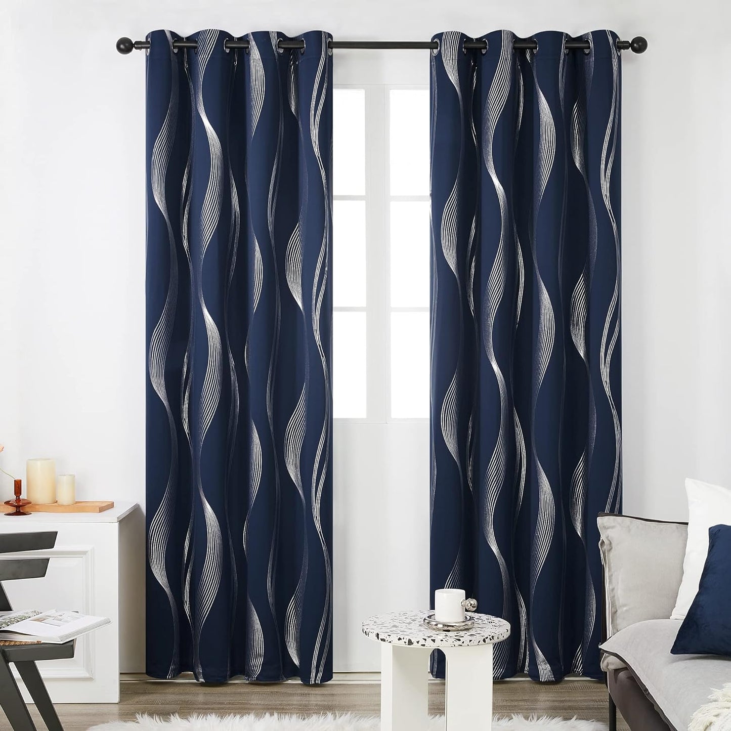 Deconovo Thermal Insulated Blackout Curtains for Bedroom, with Silver Print Wave Striped Pattern- Black Out Light Blocking Panels - Navy Blue, 52W X 84L Inch, 2 Panels  deconovo   