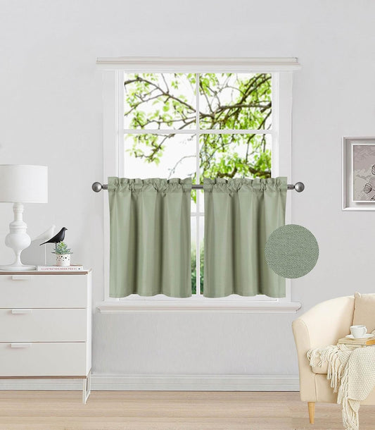 Elegant Home 2 Panels Tiers Small Window Treatment Curtain Insulated Blackout Drape Short Panel 28" W X 24" L Each for Kitchen Bathroom or Any Small Window # R16 (Sage Green)  Elegant Home Decor Sage Green  