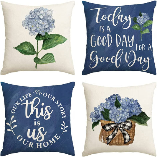 AVOIN Colorlife Blue Hydrangea Spring Summer Throw Pillow Covers, 18 X 18 Inch Today Is a Good Day Dark Blue Cushion Case Decoration for Sofa Couch Set of 4
