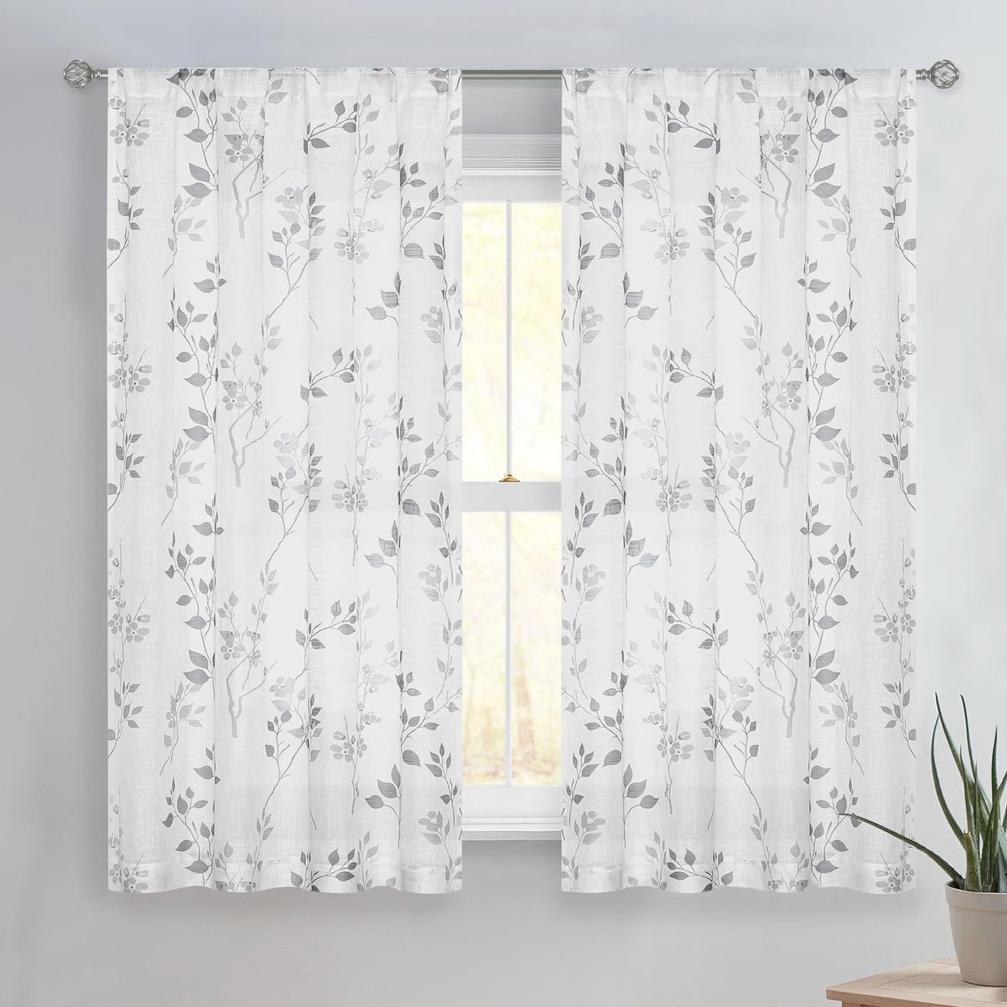 Beauoop Floral Semi Sheer Curtains 84 Inch Long for Living Room Bedroom Farmhouse Botanical Leaf Printed Rustic Linen Texture Panel Drapes Rod Pocket Window Treatment,2 Panels,50 Wide,Yellow/Gray  Beauoop Grey 50"X54"X2 