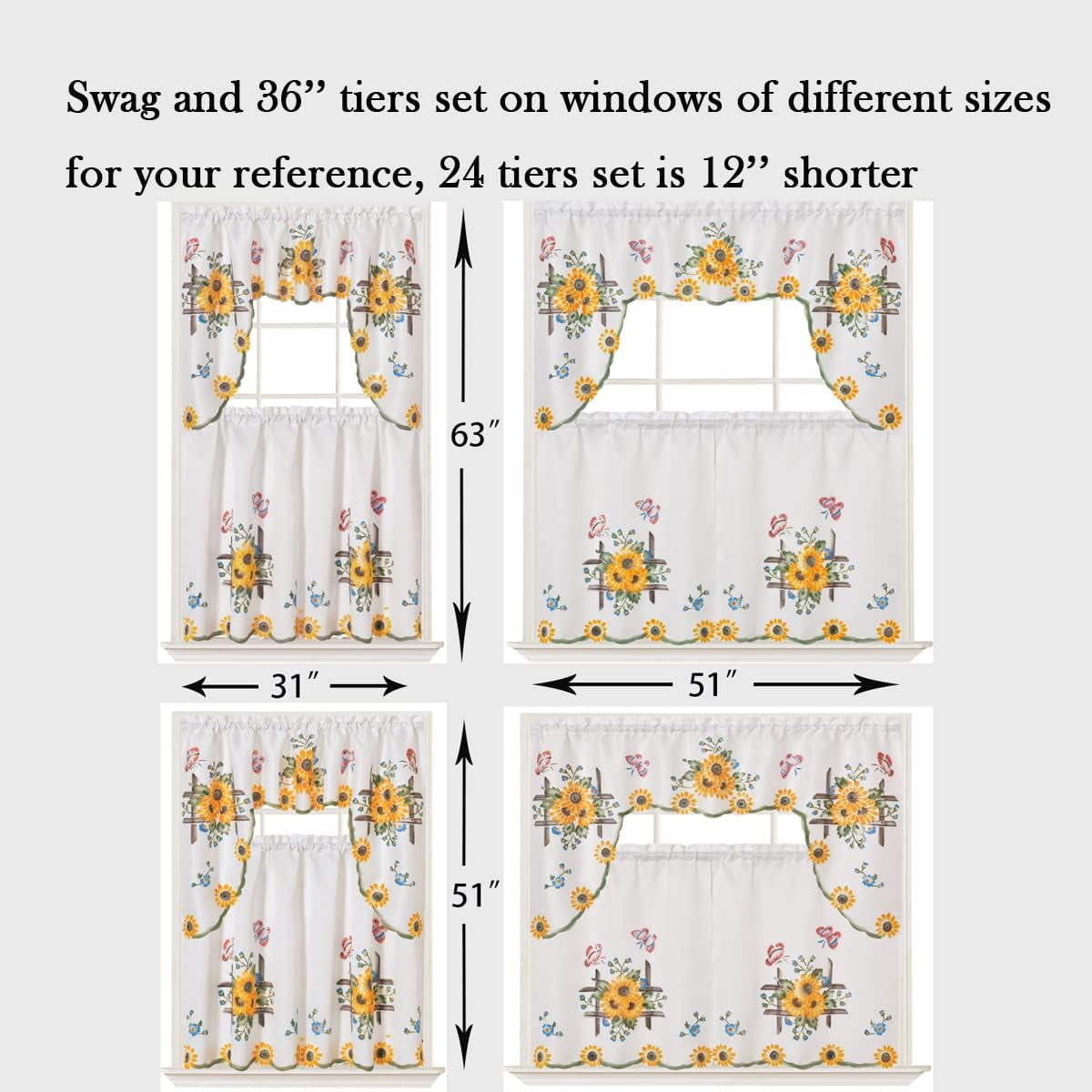 GOHD 3Pcs Farmhouse Kitchen Cafe Curtain Set Air Brushed by Hand of Sunflower and Butterfly Design on Thick Satin Fabric (Swag and 36 Inches Tiers Set)