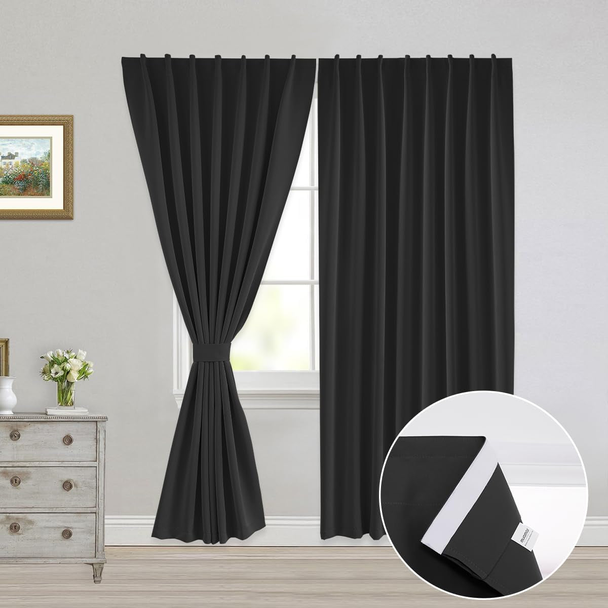 Muamar 2Pcs Blackout Curtains Privacy Curtains 63 Inch Length Window Curtains,Easy Install Thermal Insulated Window Shades,Stick Curtains No Rods, Black 42" W X 63" L  Muamar Black 52"W X 84"L 