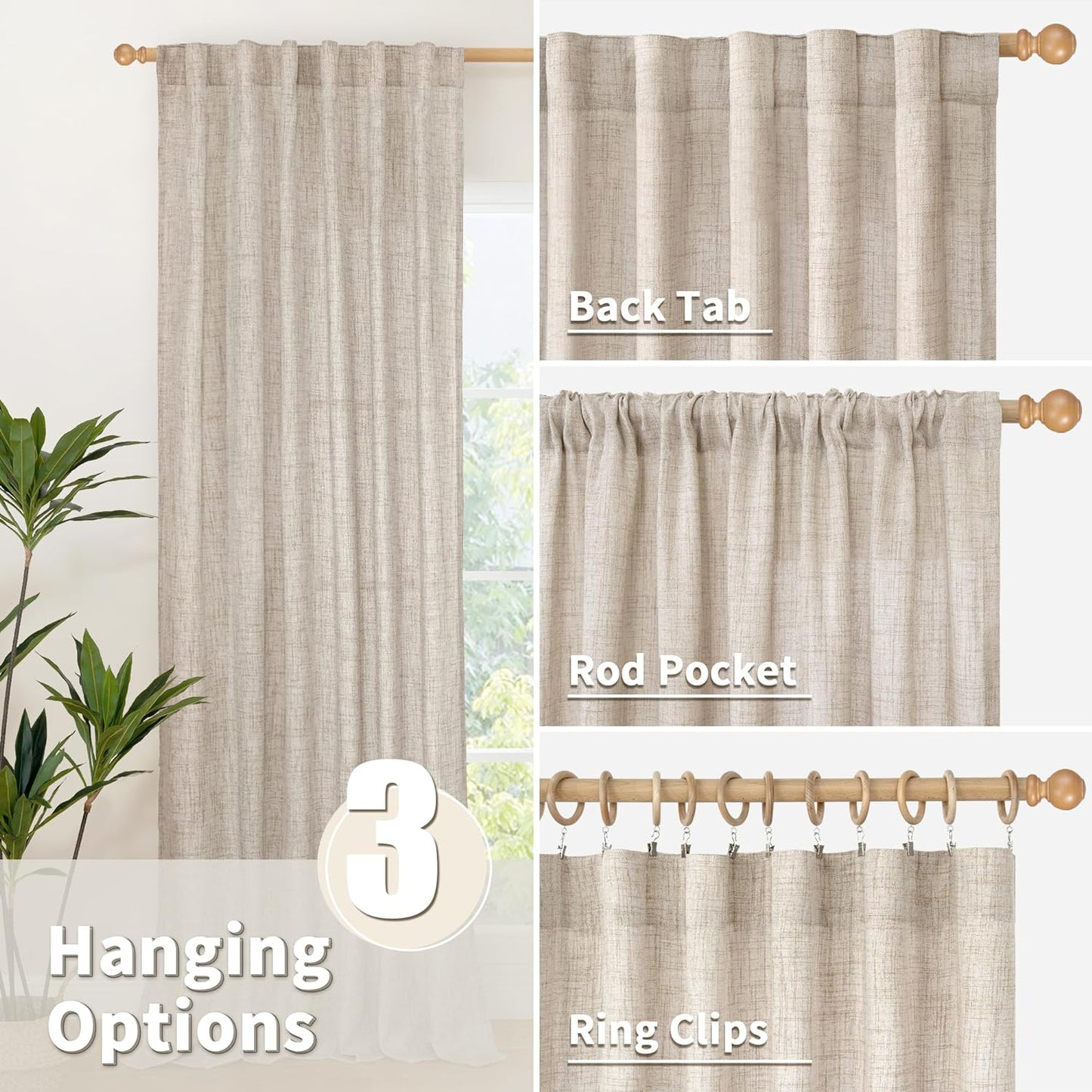 Youngstex Natural Linen Curtains 72 Inch Length 2 Panels for Living Room Light Filtering Textured Window Drapes for Bedroom Dining Office Back Tab Rod Pocket, 52 X 72 Inch  YoungsTex   