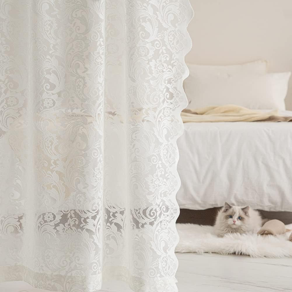 ALIGOGO White Lace Curtains 84 Inches Long-Vintage Floral Luxury Lace Sheer Curtains for Living Room 2 Panels Rod Pocket 52 W X 84 L Inch,White  ALIGOGO Ivory 52" W X 63" L 