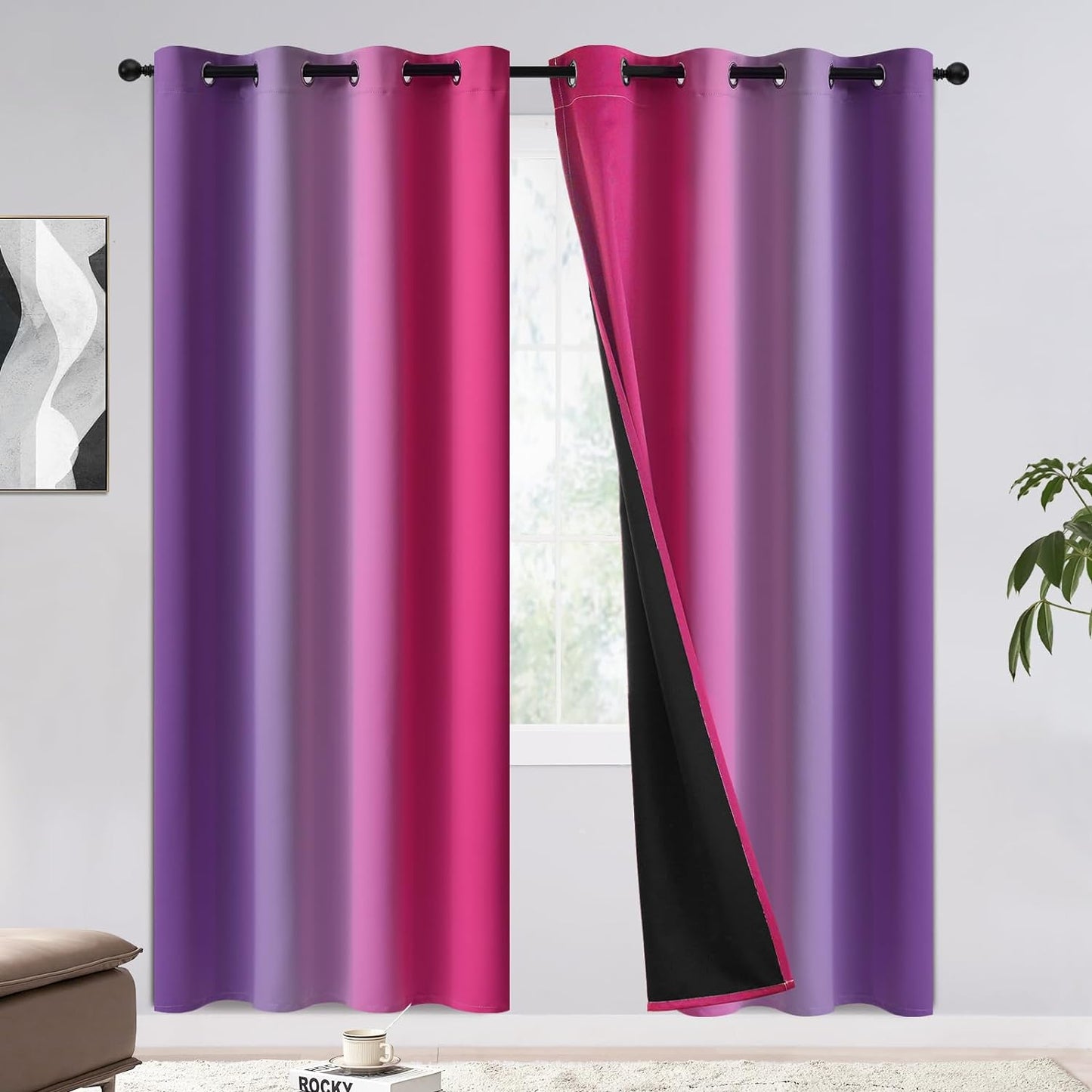 COSVIYA 100% Blackout Curtains & Drapes Ombre Purple Curtains 63 Inch Length 2 Panels,Full Room Darkening Grommet Gradient Insulated Thermal Window Curtains for Bedroom/Living Room,52X63 Inches  COSVIYA Blackout Pink And Purple 52W X 72L 