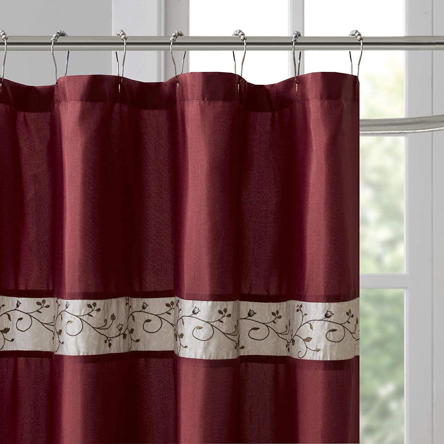 Madison Park Serene Flora Fabric Shower Curtain, Mbroidered Transitional Shower Curtains for Bathroom, 72" X 72", Red
