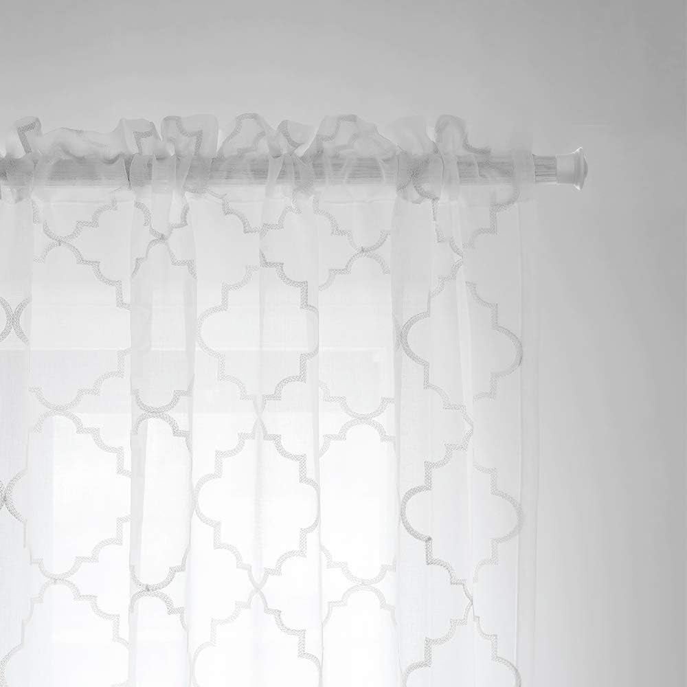 White Sheer Curtains 84 Inches Long, Rod Pocket Sheer Drapes for Living Room, Bedroom, 2 Panels, 52"X84", Embroidered Moroccan Tile Lattice Design Semi Voile Window Treatments for Yard, Patio, Villa.  Mystic Home   