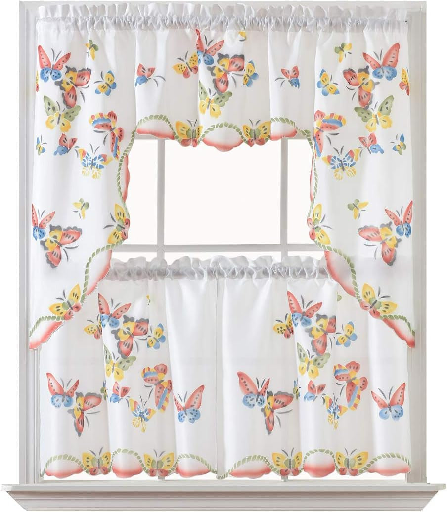 GOHD - 3Pcs Kitchen Curtain/Cafe Curtain Set, Air-Brushed by Hand of Flying Butterfly Design (Swag & 36" Tiers Set)