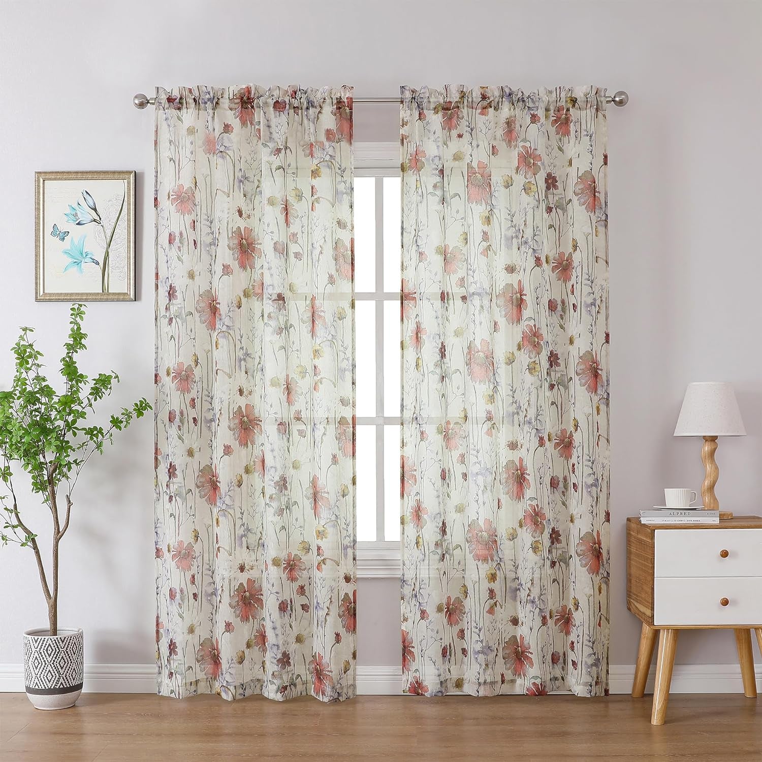 OWENIE Crushed Semi Sheer Curtains 72 Inches Length 2 Panels, Floral Pattern Design Rod Pocket Light Filtering Farmhouse Curtains for Bedroom Living Room, 2 Pieces Total 84 Inch Wide, 72 Inch Long  OWENIE   