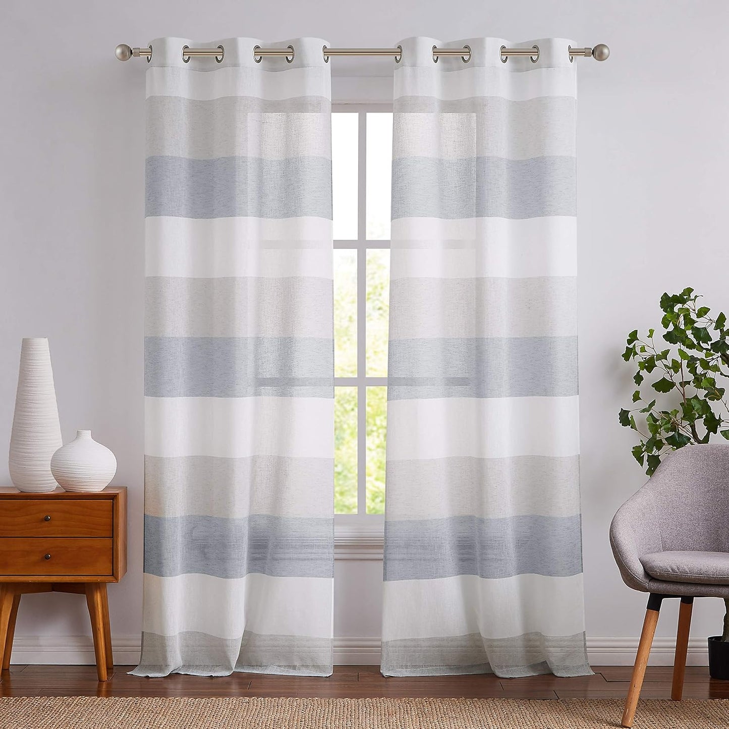 Central Park Gray Tan Stripe Sheer Color Block Window Curtain Panel Linen Window Treatment for Bedroom Living Room Farmhouse 84 Inches Long with Grommets, 2 Panel Rustic Drapes  Central Park Gray/Smoke Blue 40"X63"X2 