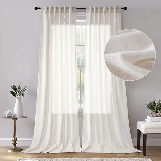 Dreaming Casa 102 Inch Long Curtains Semi Sheer Linen Curtain for Living Room Bedroom 2 Panels Pocket Floor Length Drapes with Back Tab, Natural, W52 X L102  Dreaming Casa Linen Natural 2 X ( 52" W X 102 "L ) 
