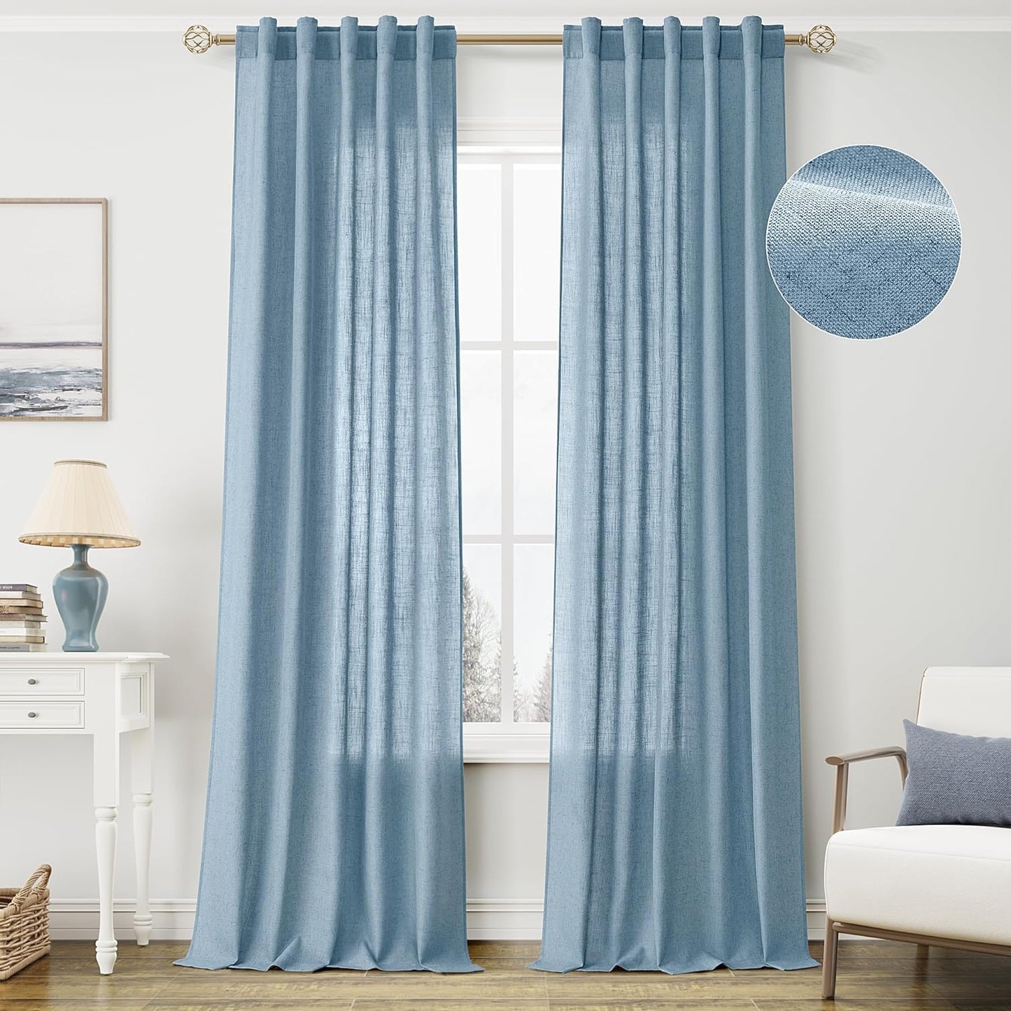 Natural Linen Sheer Curtains 84 Inch Long for Living Room Bedroom Back Tab Light Filtering Privacy Farmhouse Rod Pocket Ivory off White Neutral Drapes with Hooks 2 Panels Cream Beige  SPWIY Dusty Blue 40X108 