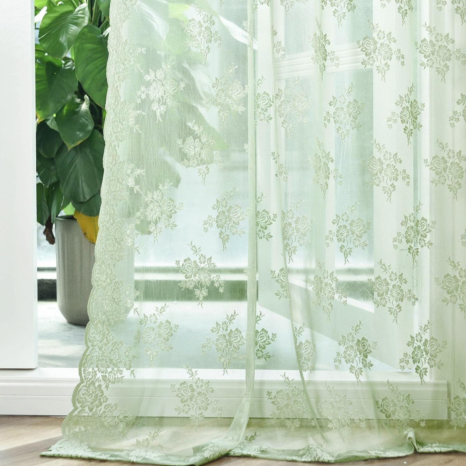 Kotile Sage Green Sheer Valance Curtain for Windows, Rustic Floral Spring Sheer Window Valance Curtain 18 Inch Length, Light Filtering Rod Pocket Lace Valance, 52 X 18 Inch, 1 Panel, Sage Green  Kotile Textile Sage Green 52 In X 72 In (W X L) 