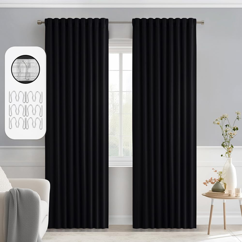 MIULEE 2 Panels Back Tab Blackout Curtains 96 Inch Long for Living Room Bedroom, Black Rod Pocket/Pinch Pleated Thermal Insulated Room Darkening Light Blocking Floor to Ceiling Curtains/Drapes  MIULEE Black W52" X L90" 