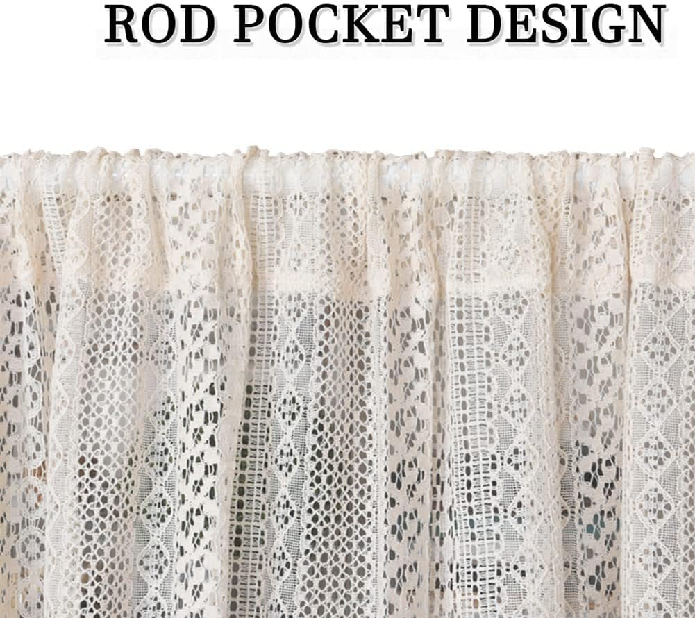 Curtain Tiers, Lace Valance Window Topper Curtain with Tassels, Short Window Curtains for Cafe, Bathroom, Kitchen, Farmhouse, Bedroom Rod Pocket Curtains 1 Panel Beige