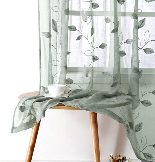 HOMEIDEAS Sage Green Sheer Curtains 52 X 63 Inches Length 2 Panels Embroidered Leaf Pattern Pocket Faux Linen Floral Semi Sheer Voile Window Curtains/Drapes for Bedroom Living Room  HOMEIDEAS 1-Sage Green W52" X L63" 