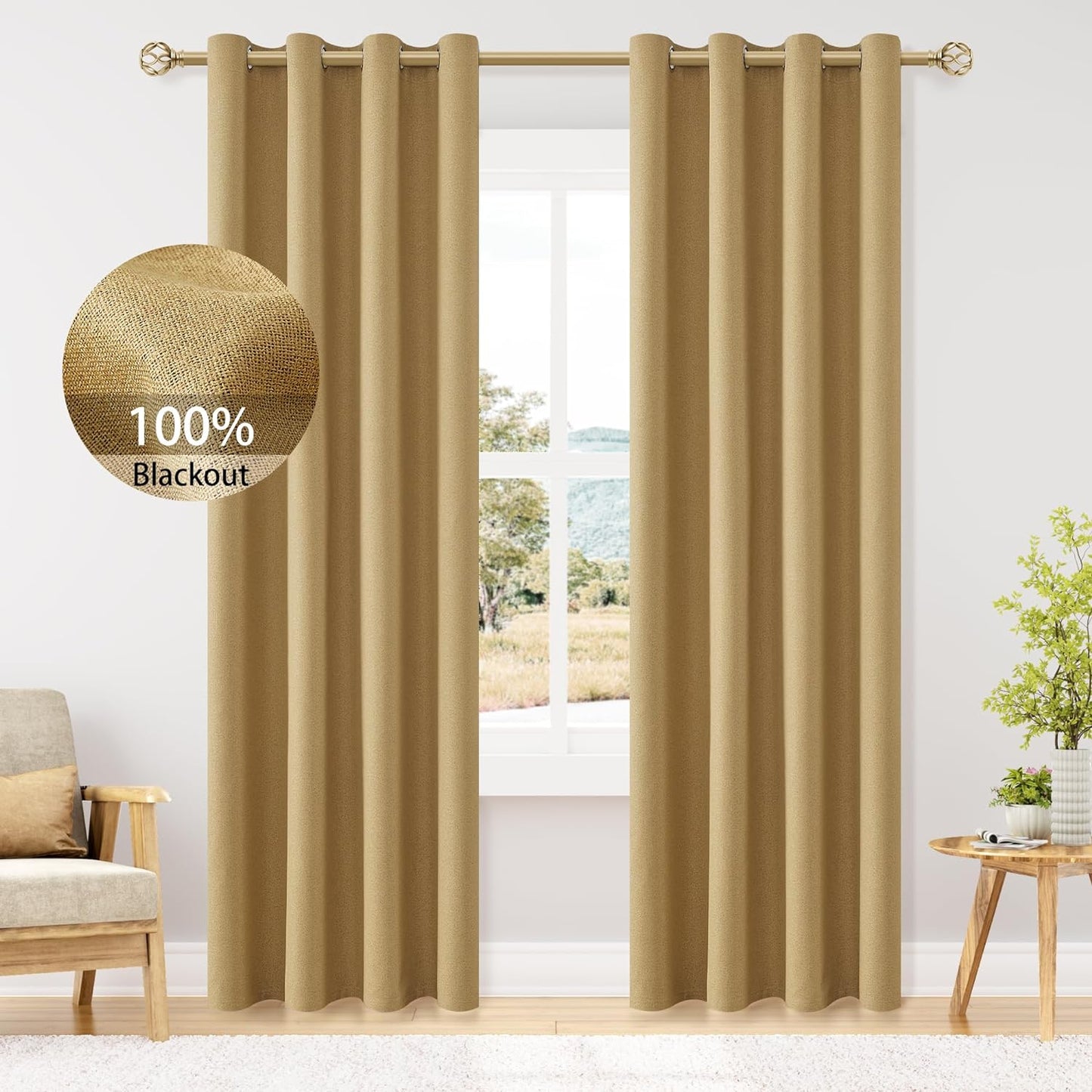 Full Blackout Curtains 84 Inches Long for Bedroom, Neutral Flax Linen Black Out Drapes, 2 Panels Grommet Room Darkening Curtains 84 Inch Length with Backing for Living Room Light Beige 52X84  ChrisDowa Mustard Yellow 52W X 84L 