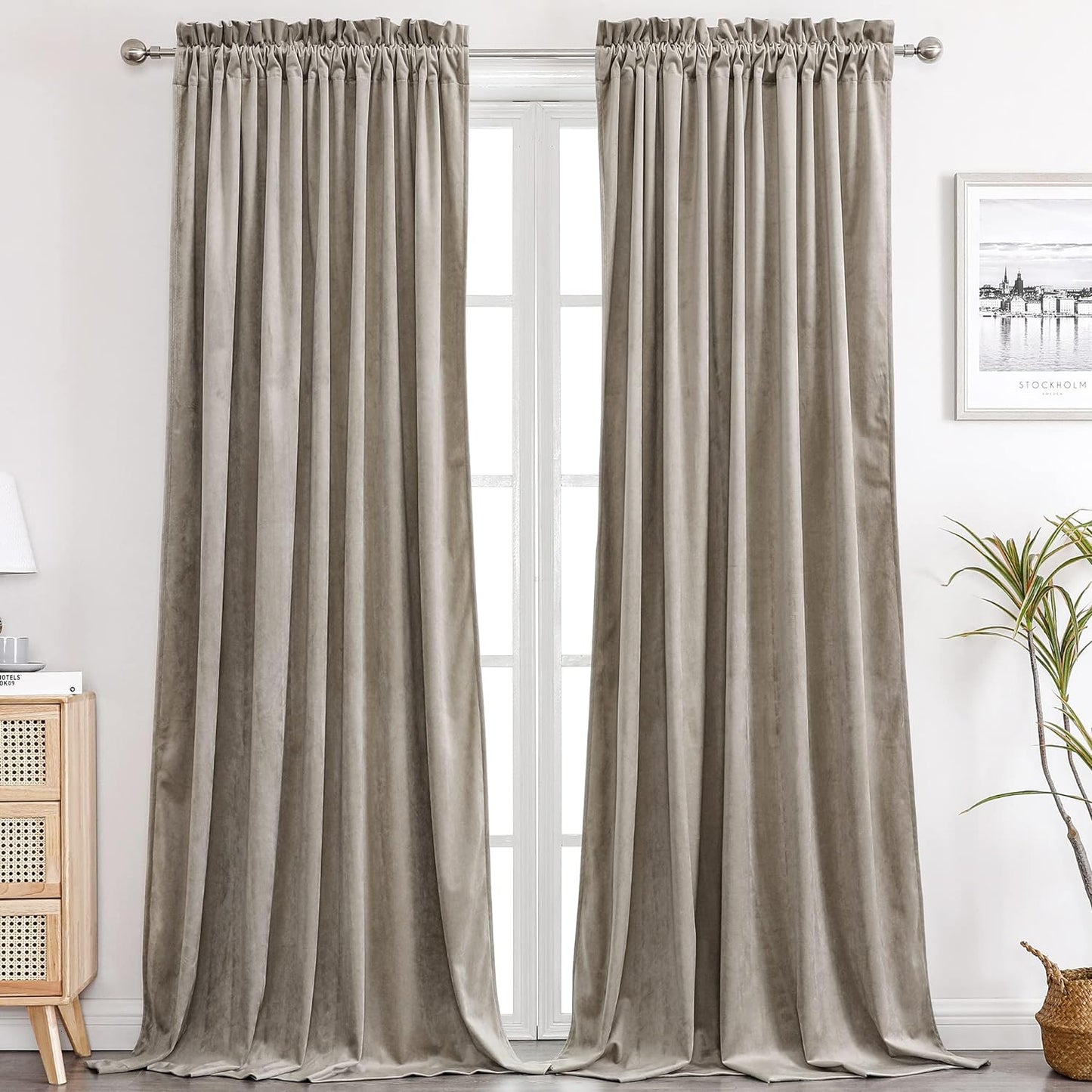 Benedeco Green Velvet Curtains for Bedroom Window, Super Soft Luxury Drapes, Room Darkening Thermal Insulated Rod Pocket Curtain for Living Room, W52 by L84 Inches, 2 Panels  Benedeco Taupe W52 * L120 | 2 Panels 