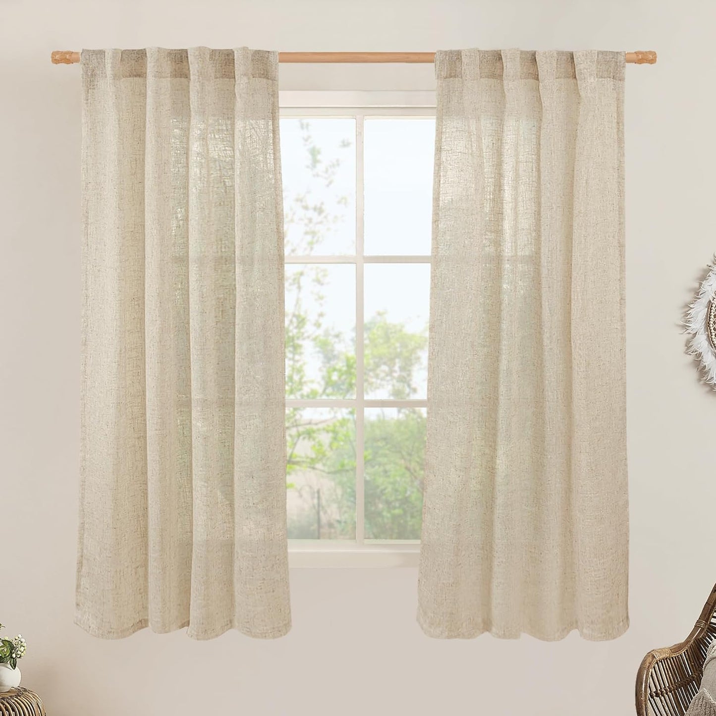 LAMIT Natural Linen Blended Curtains for Living Room, Back Tab and Rod Pocket Semi Sheer Curtains Light Filtering Country Rustic Drapes for Bedroom/Farmhouse, 2 Panels,52 X 108 Inch, Linen  LAMIT Linen 38W X 63L 