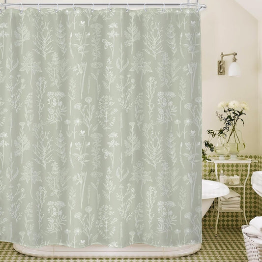 KOMLLEX Sage Green Botanical Shower Curtain for Bathroom Decor 60Wx72H Inches Plants Boho Floral Leaves Nature Flowers Modern Farmhouse Vintage Neutral Fabric Waterproof Polyester 12 Pack Hooks