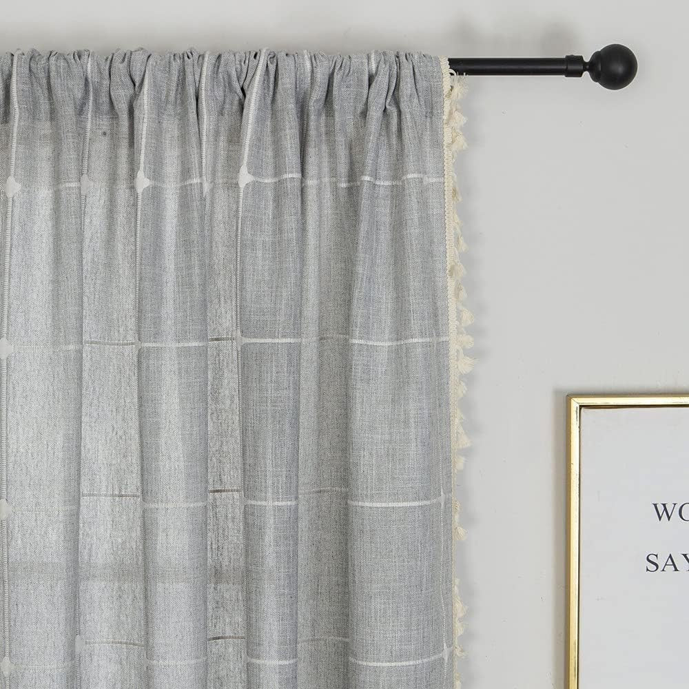 Amidoudou 1 Pair Cotton Linen Boho Curtains with Tassel, Farmhouse Curtains for Bedroom Living Room (Beige and Coffee, 2 X 54 X 96 Inch)  Amidoudou Grey 2 X 54" X 63" 