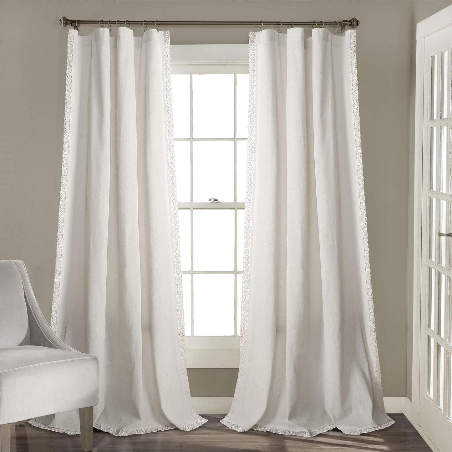 Lush Decor Rosalie Light Filtering Window Curtain Panel Set- Pair- Vintage Farmhouse & French Country Style Curtains - Timeless Dreamy Drape - Romantic Lace Trim - 54" W X 84" L, White  Triangle Home Fashions White Window Panel 54"W X 95"L