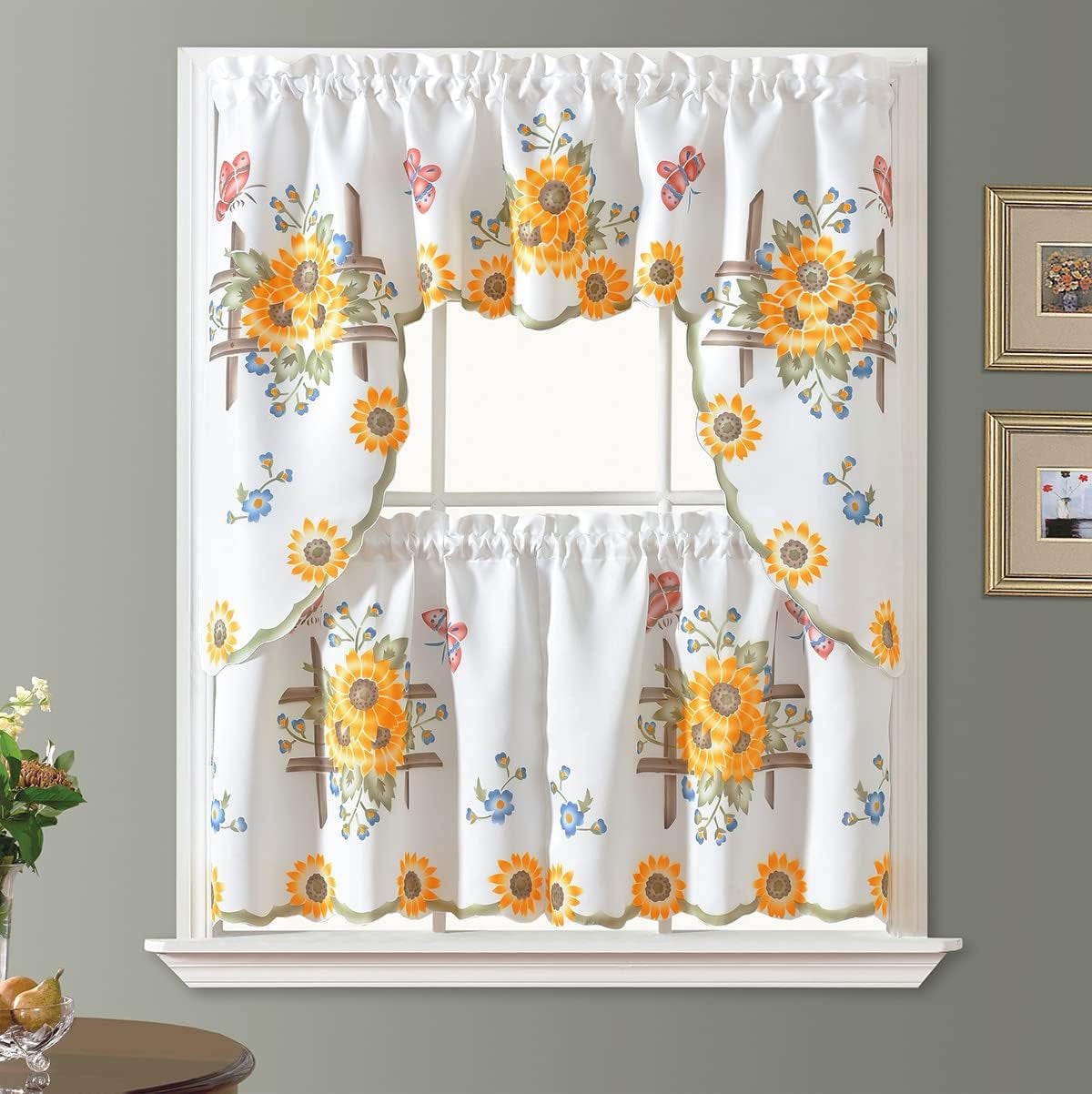 GOHD 3Pcs Farmhouse Kitchen Cafe Curtain Set Air Brushed by Hand of Sunflower and Butterfly Design on Thick Satin Fabric (Swag and 36 Inches Tiers Set)