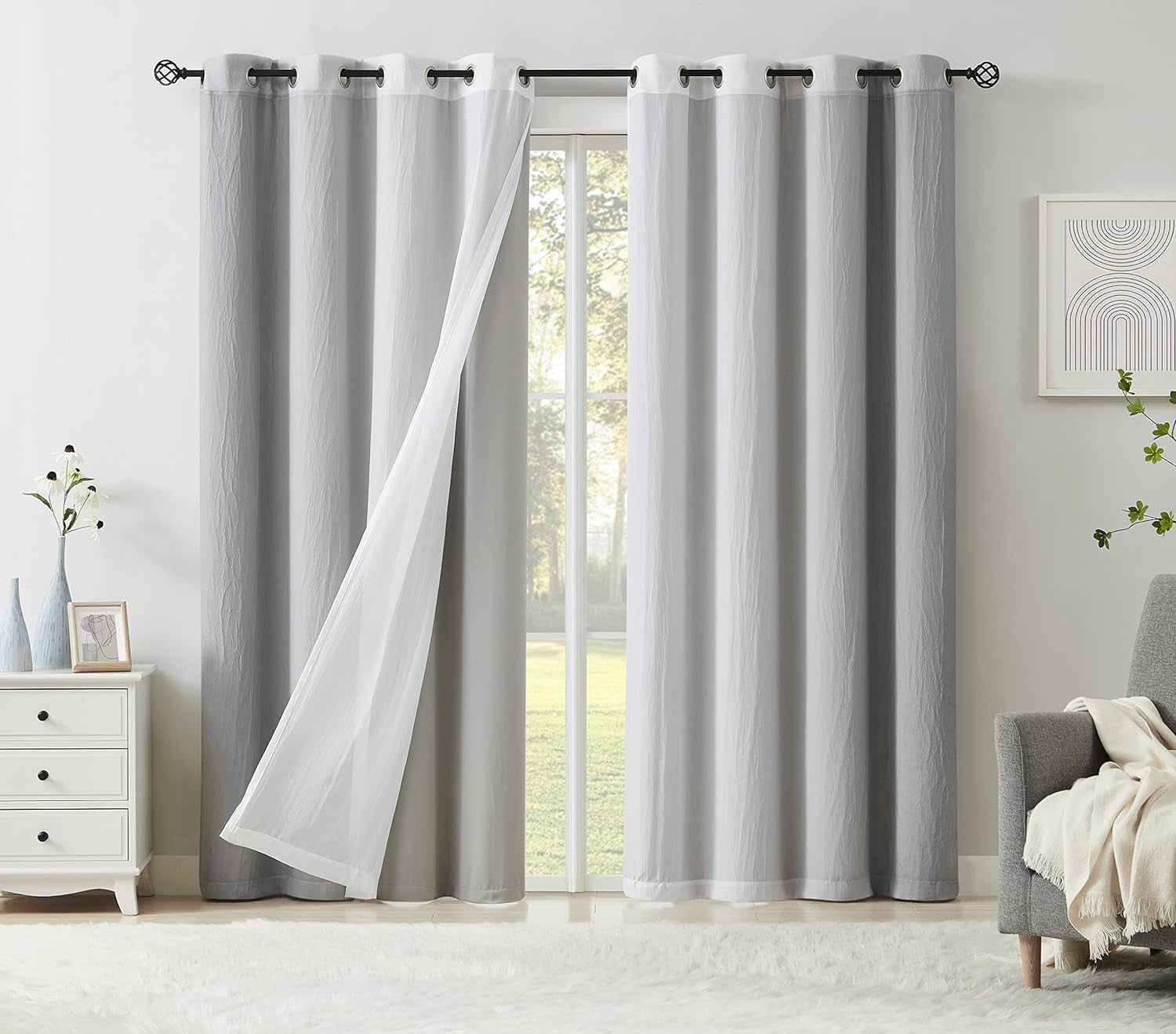 Mix and Match Blackout Curtains - Bedroom Solid Black Full Blackout Window Panels & Black Chiffon Sheer Curtains Thermal Insulated Drapes for Living Room, Grommet, 52" W X 63" L, Set of 4  Purainbow Grey 52" X 63" 