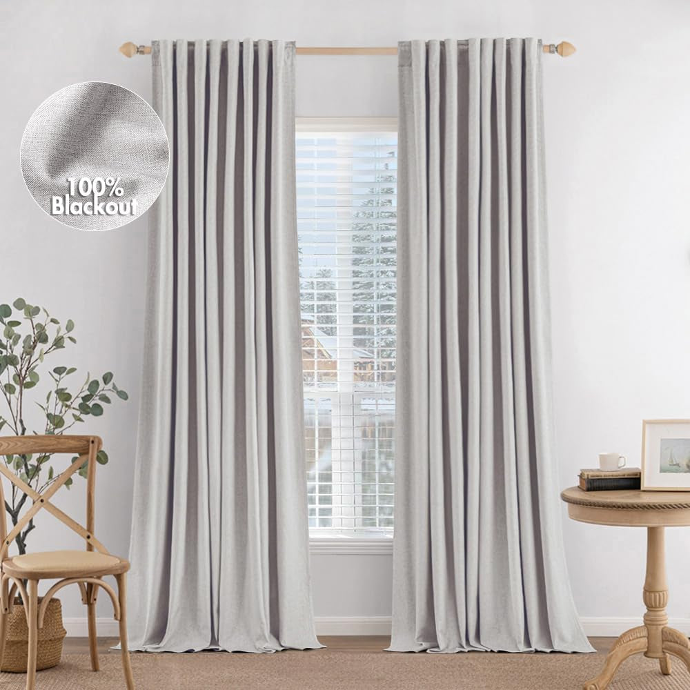 MIULEE 100% Blackout Curtains 90 Inches Long, Linen Curtains & Drapes for Bedroom Back Tab Black Out Window Treatments Thermal Insulated Room Darkening Rod Pocket, Oatmeal, 2 Panels  MIULEE Beige 52"W*90"L 