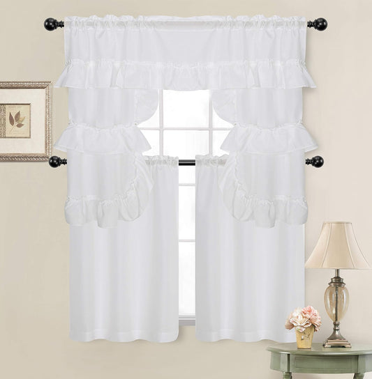 Goodgram Country Farmhouse Living Solid Colored Cafe Kitchen Curtain Tier & Swag Valance Set - Assorted Colors (White)  GoodGram White  
