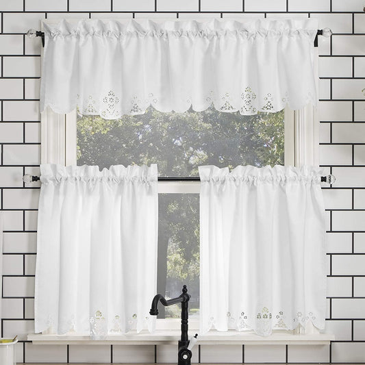 No. 918 Mariela Floral Trim Semi-Sheer Rod Pocket Kitchen Curtain Valance and Tiers Set, 58" X 24", White
