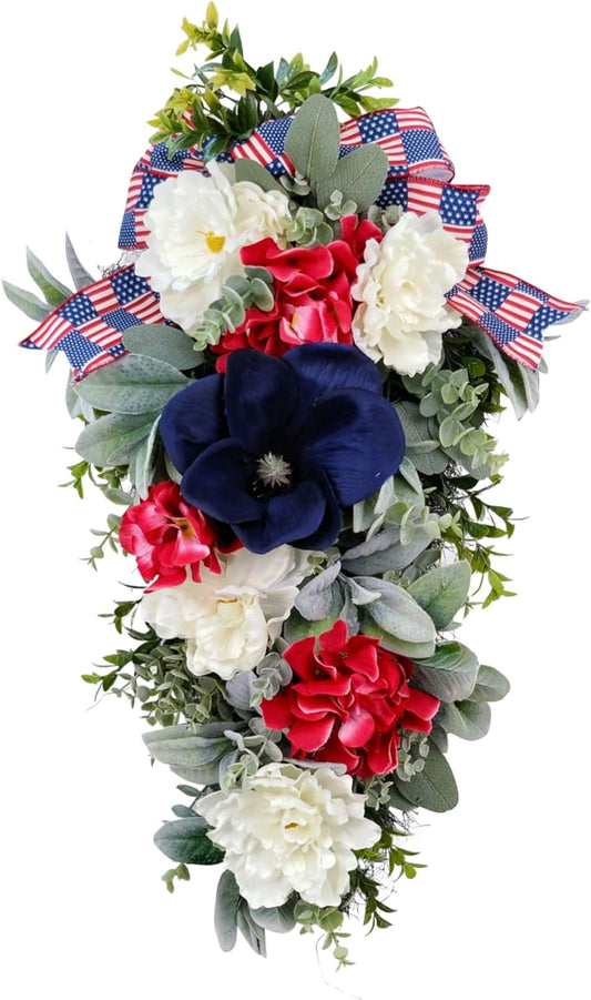 4Th of July Patriotic Swag - Red White Blue Summer Floral Swag with USA Flag Printed Bow - Artificial Flower Teardrop Wreath - American Summer Home Decor for Frong Door Porch Wall