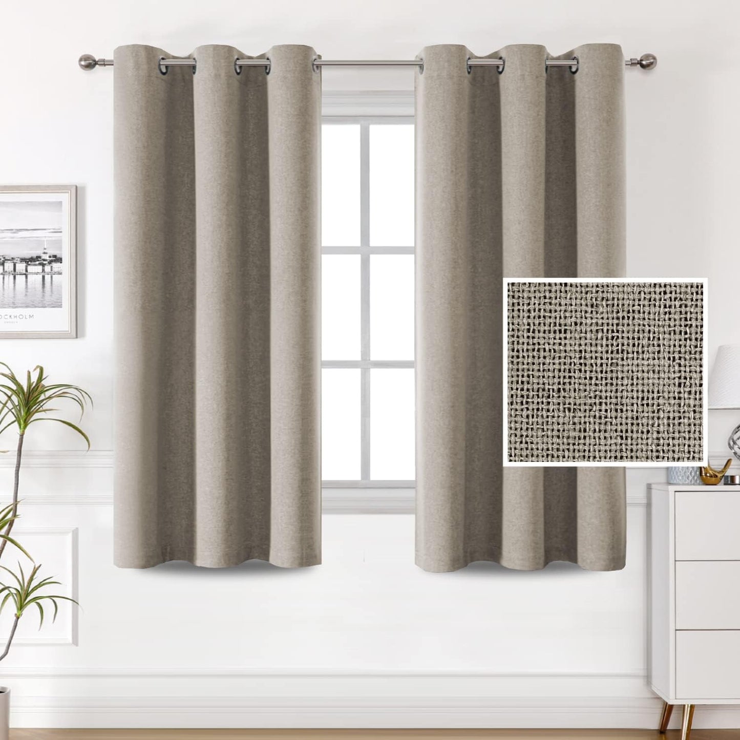 H.VERSAILTEX 100% Blackout Linen Look Curtains Thermal Insulated Curtains for Living Room Textured Burlap Drapes for Bedroom Grommet Linen Noise Blocking Curtains 42 X 84 Inch, 2 Panels - Sage  H.VERSAILTEX Taupe 42"W X 63"L 