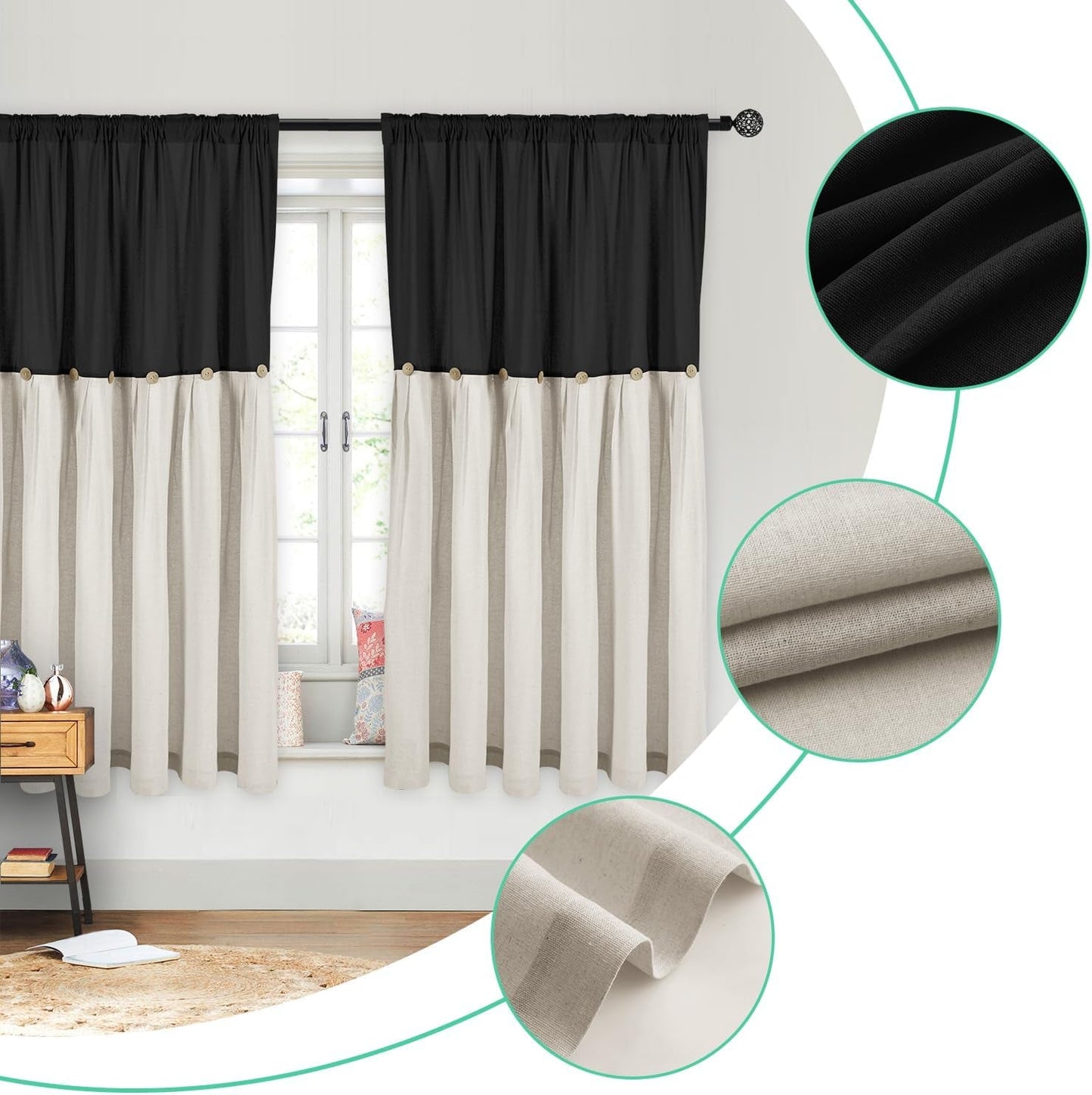 Cotton Linen Farmhouse Curtains, Button Curtains (Two Panels) Pleated Natural, Linen Button Window Curtain Panel for Bedroom Living Room (Black, 42 X 63 Inches)