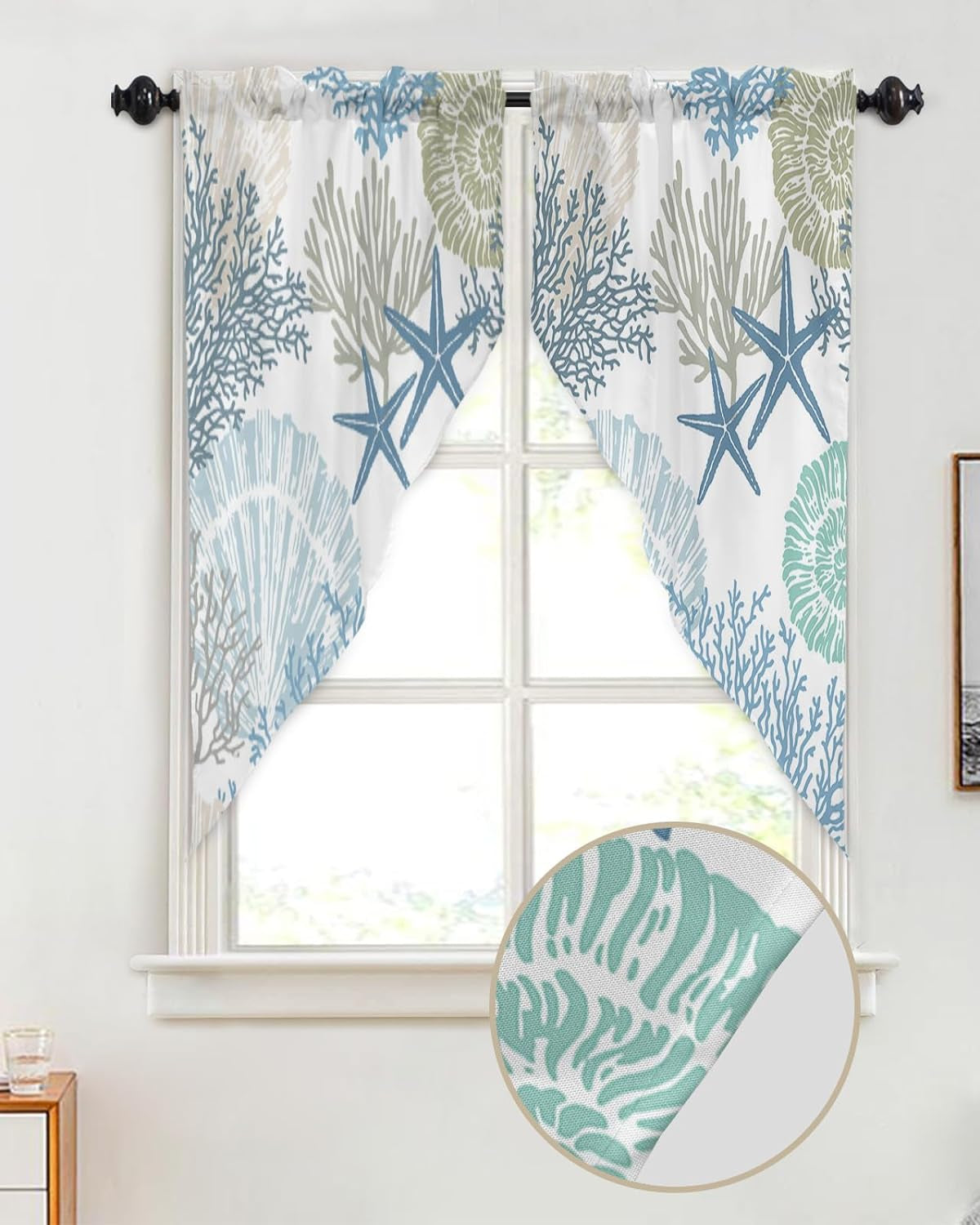 Swag Curtain,Ocean Theme Coral Shell Starfish Kitchen Valances Rod Pocket Curtains Tier Pair Swag Topper,Teal Blue Marine Sealife 2 Panels Window Treatment for Bathroom Living Room Bedroom