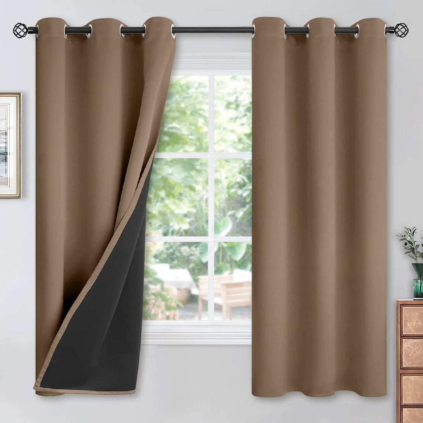 Youngstex Black 100% Blackout Curtains 63 Inches for Bedroom Thermal Insulated Total Room Darkening Curtains for Living Room Window with Black Back Grommet, 2 Panels, 42 X 63 Inch  YoungsTex Taupe 42W X 63L 