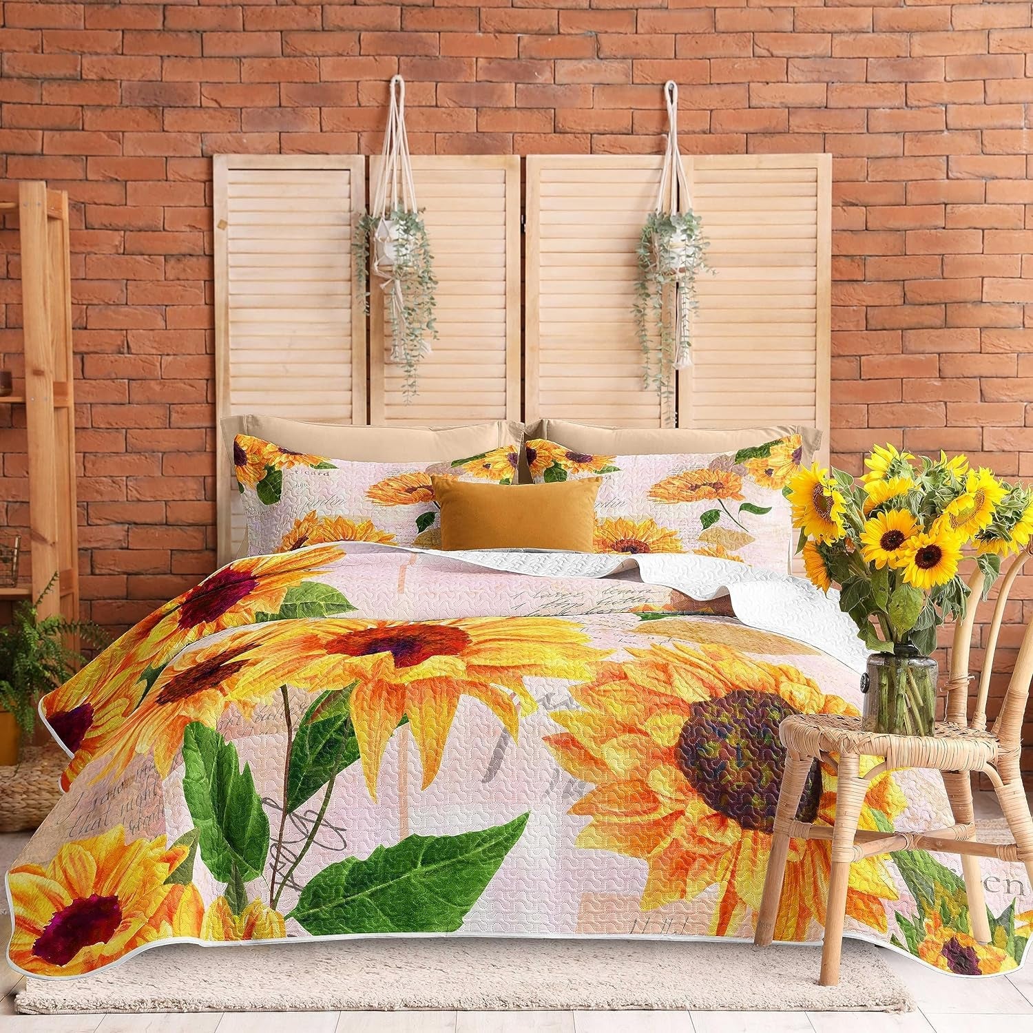 3 Piece Boho Floral Quilt Sets King Size Microfiber Quilts with 2 Shams Soft Lightweight Colorful Vibrant Bright Bohemian Bedding Bedspread Coverlet Comforter Set for All Season, 96''X106''
