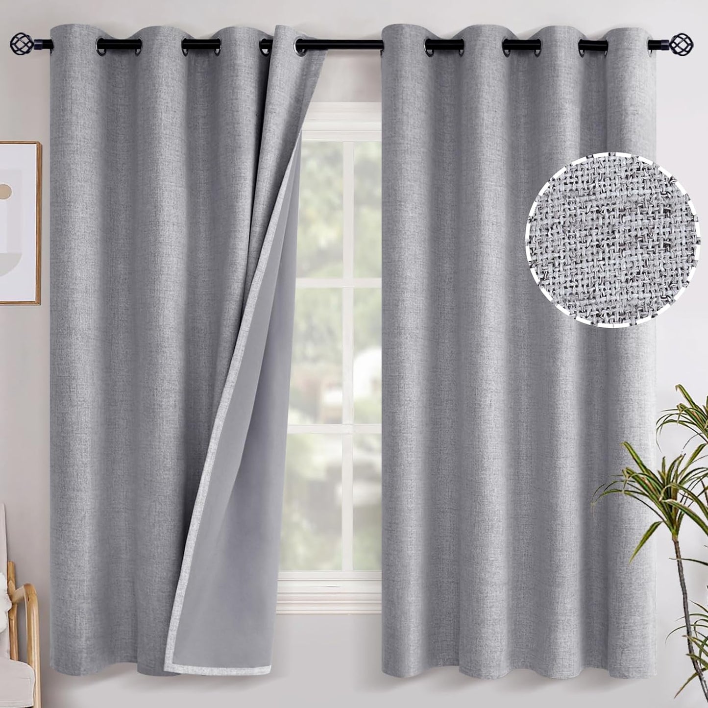 Youngstex Linen Blackout Curtains 63 Inch Length, Grommet Darkening Bedroom Curtains Burlap Linen Window Drapes Thermal Insulated for Basement Summer Heat, 2 Panels, 52 X 63 Inch, Beige  YoungsTex Grey 52W X 63L 
