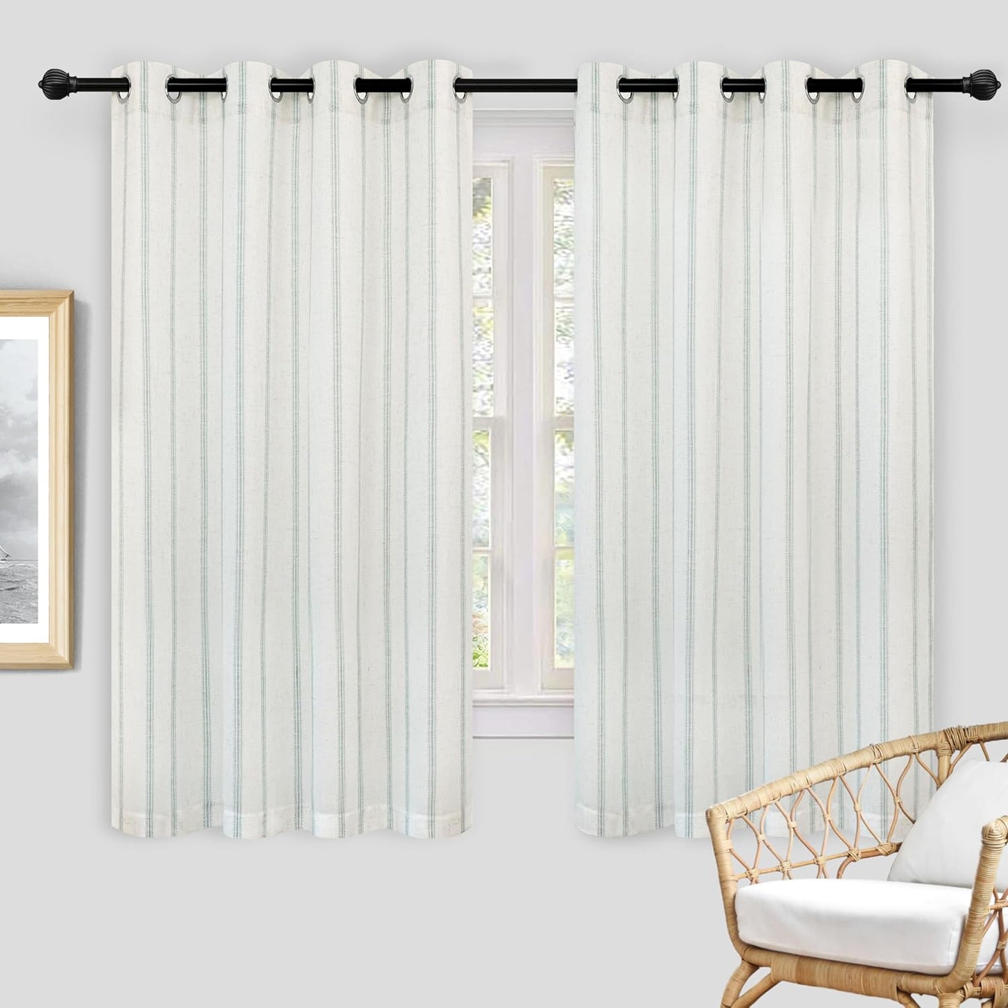 Driftaway Farmhouse Linen Blend Blackout Curtains 84 Inches Long for Bedroom Vertical Striped Printed Linen Curtains Thermal Insulated Grommet Lined Treatments for Living Room 2 Panels W52 X L84 Grey  DriftAway Light Jade Green 52"X63" 