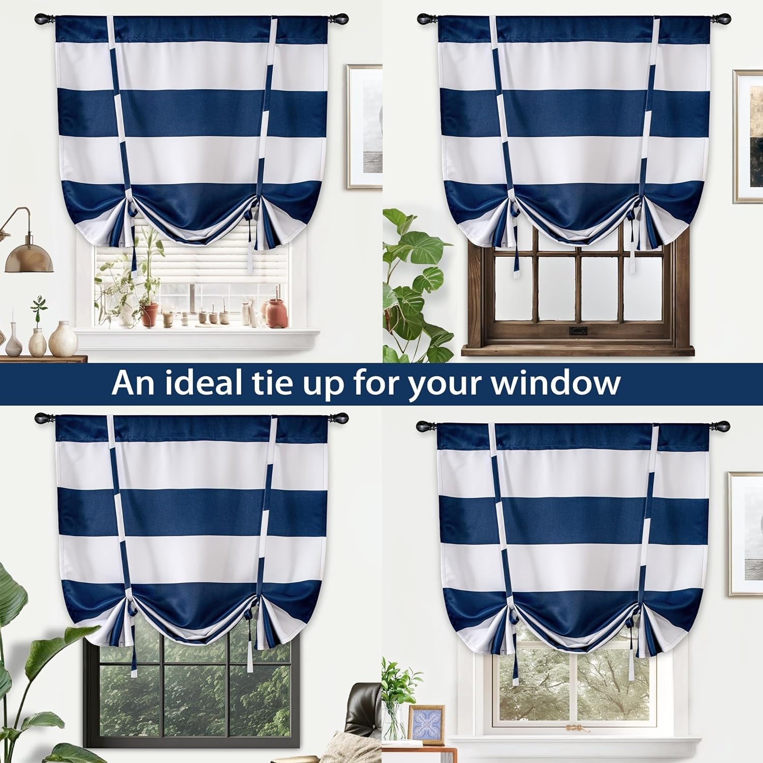 Driftaway Tie up Curtains for Small Windows Mia Stripe Pattern Room Darkening Tie up Shades Curtain Adjustable Balloon Roman Curtain Rod Pocket for Living Room Kitchen 45 Inch by 47 Inch Navy
