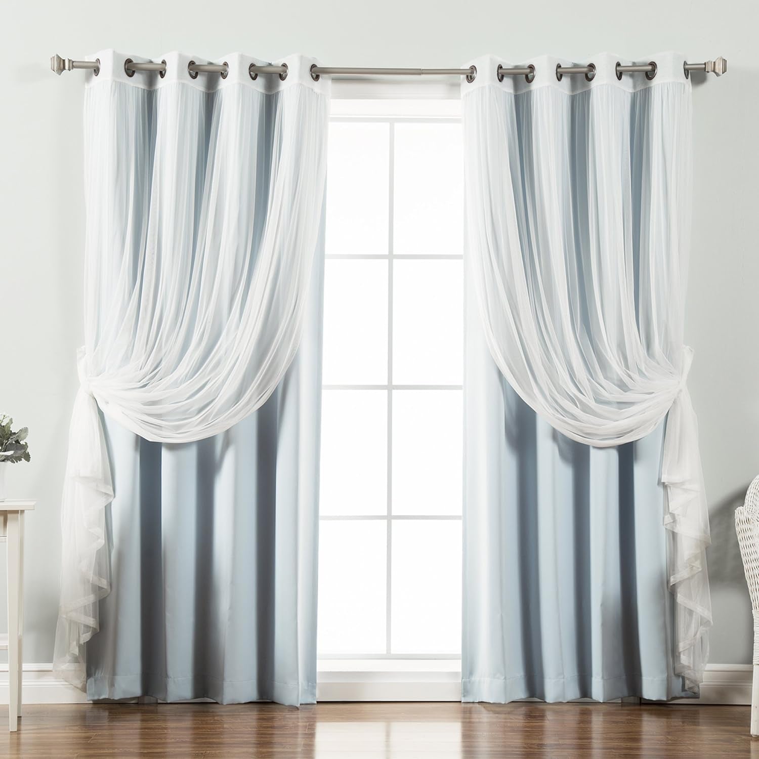 Best Home Fashion Tulle Sheer with Attached Valance & Solid Blackout Mix & Match (52" W X 96" L, MM VAPOR)