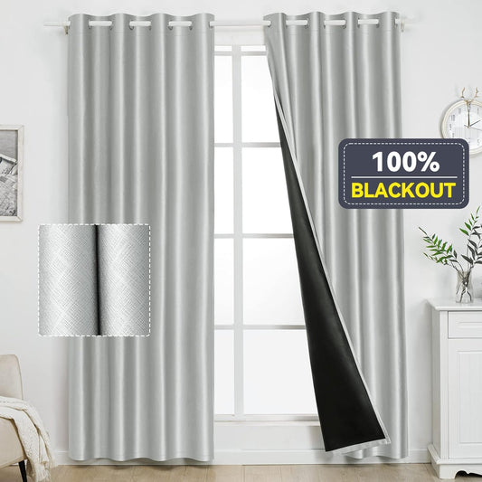 Silver 100% Blackout Curtains for Bedroom, 3 Thick Layers Thermal Insulated Black Out Window Curtains, Full Room Darkening Noise Reducing Grommet Curtains with Black Liner (52 X 84 Inch, 2 Panels)  CZL Silver 52"W X 84"H 