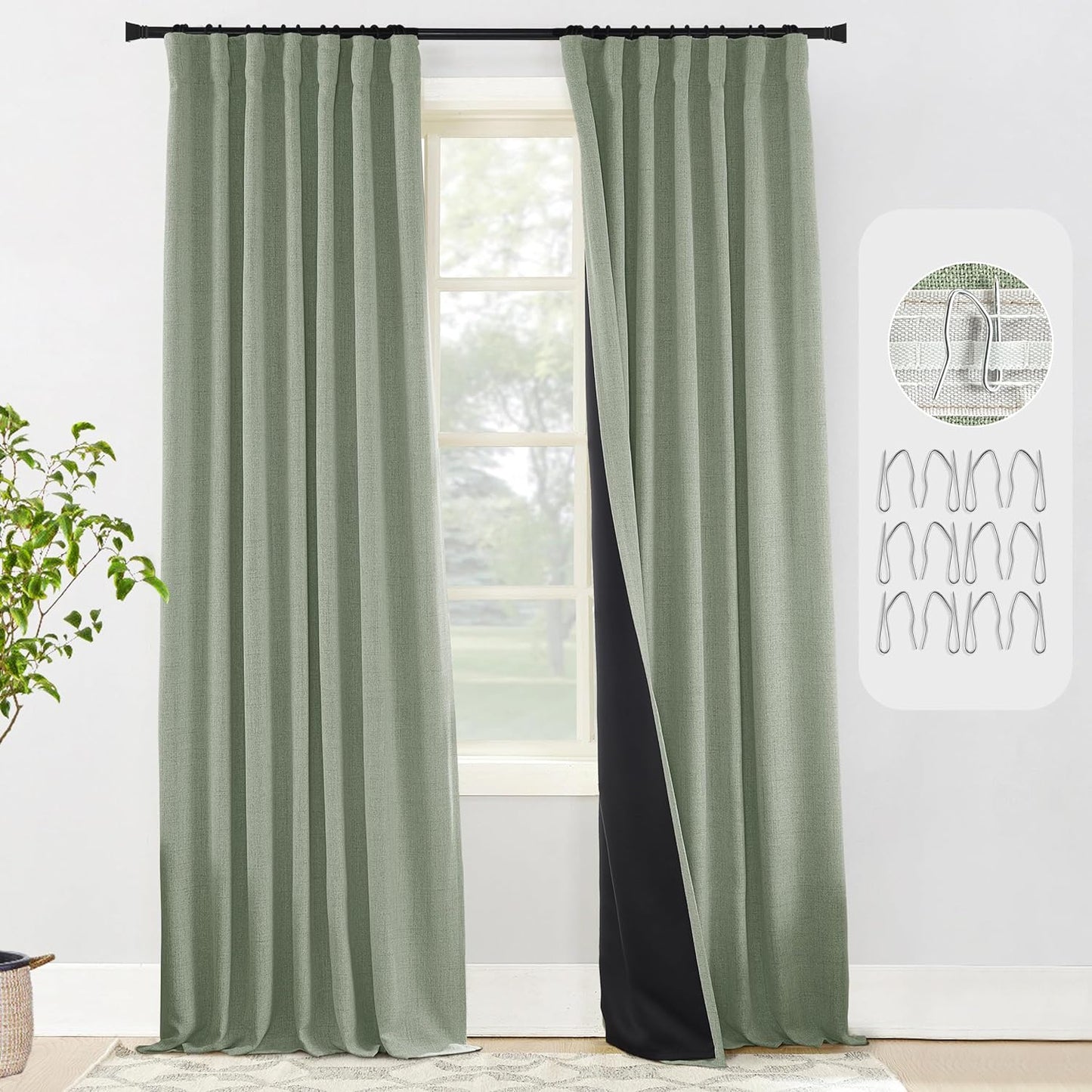 Sage Green Blackout Curtains 84 Inch Length 2 Panels Set for Bedroom Linen Aesthetic Boho Greyish Light Green Window Room Darkening Curtains for Living Room Kids Boys Room,Back Tab Pleated,84 in Long  PANELSBURG Sage Green 50"W X 108"L 