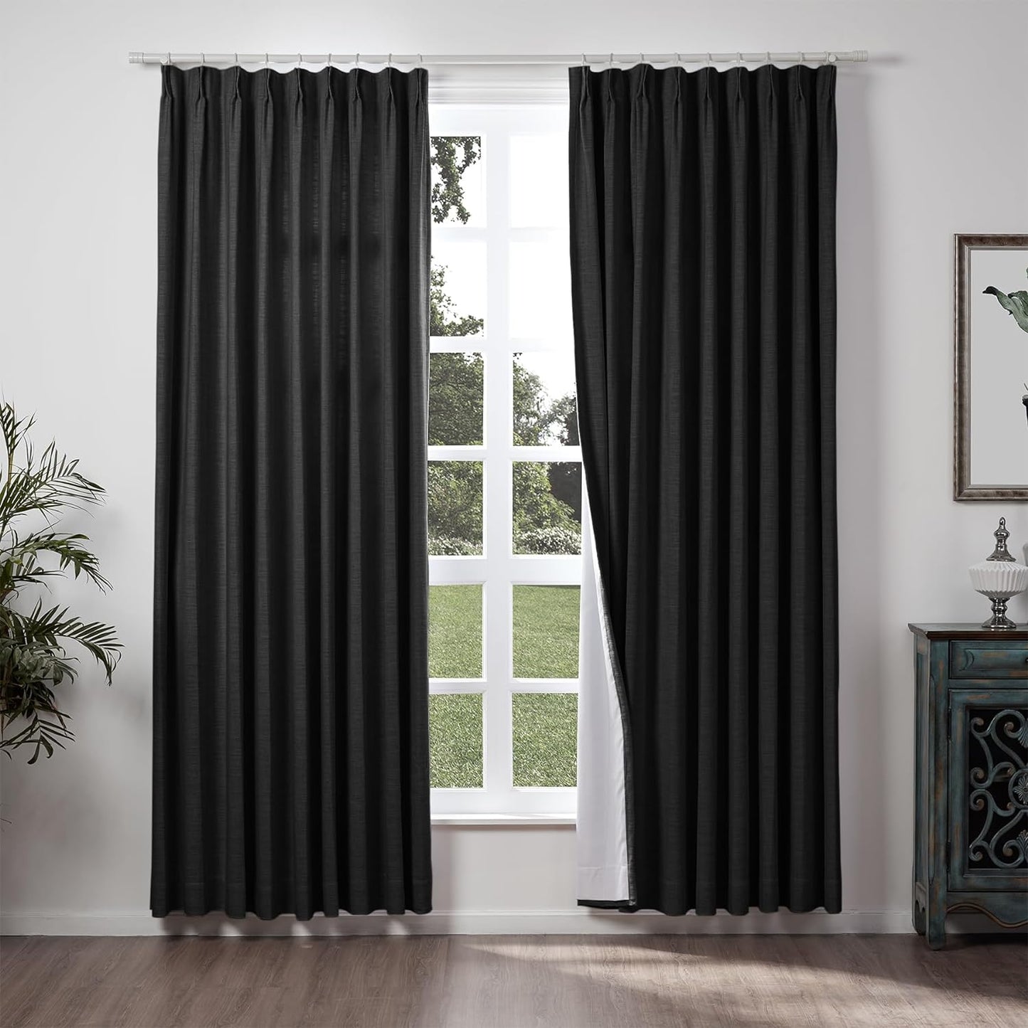 Chadmade 50" W X 63" L Polyester Linen Drape with Blackout Lining Pinch Pleat Curtain for Sliding Door Patio Door Living Room Bedroom, (1 Panel) Sand Beige Tallis Collection  ChadMade Black(37) 72Wx84L 