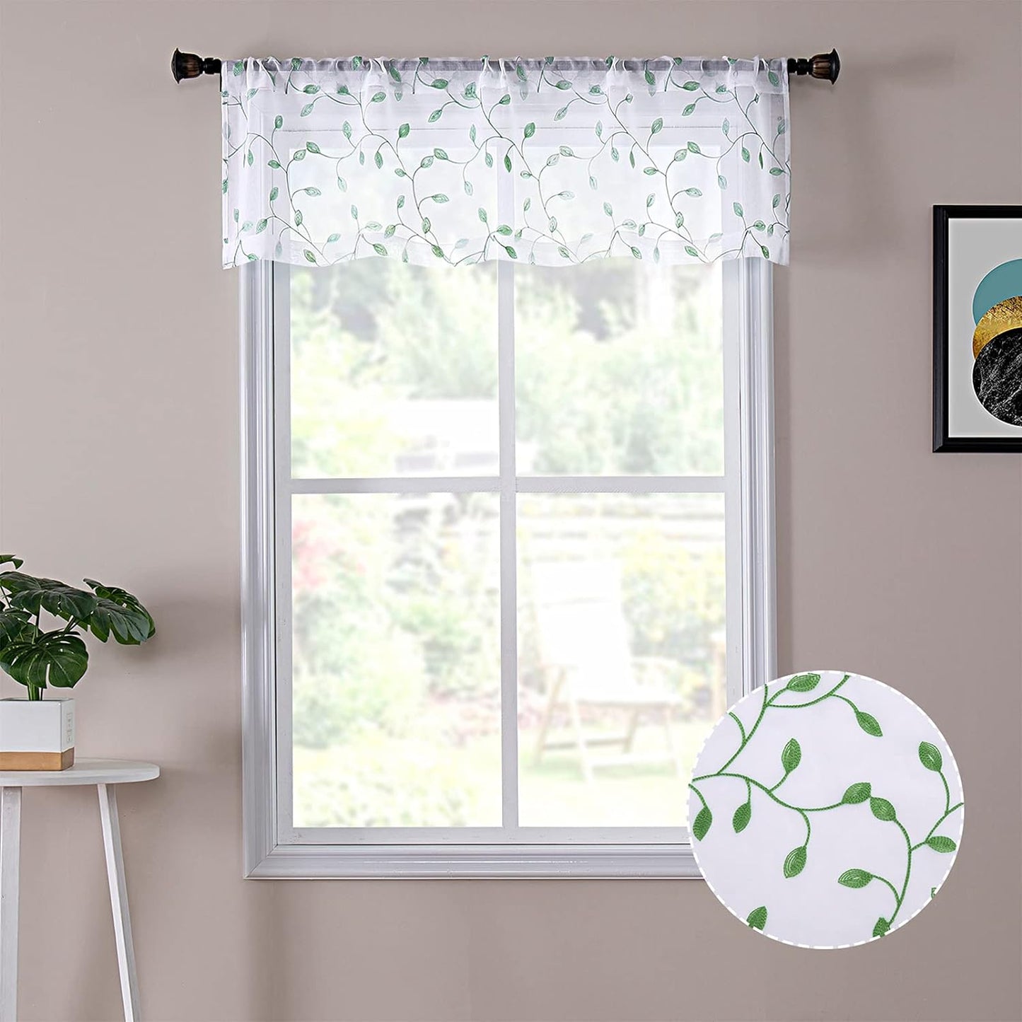 Tollpiz Leaves Sheer Valance Curtains White Leaf Embroidery Bedroom Curtain Rod Pocket Voile Curtains for Living Room, 54 X 16 Inches Long, Set of 1 Panel  Tollpiz Tex Green 54"W X 16"L 