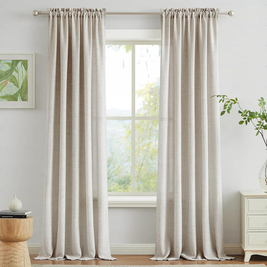 Melodieux Linen Curtains 84 Inches Long for Bedroom - Rod Pocket Burlap Linen Textured Semi Sheer Curtains Light Filtering Privacy Farmhouse Living Room Drapes (Set of 2, 52Inch X 84Inch, Beige)  Melodieux Beige W52" X L108" 